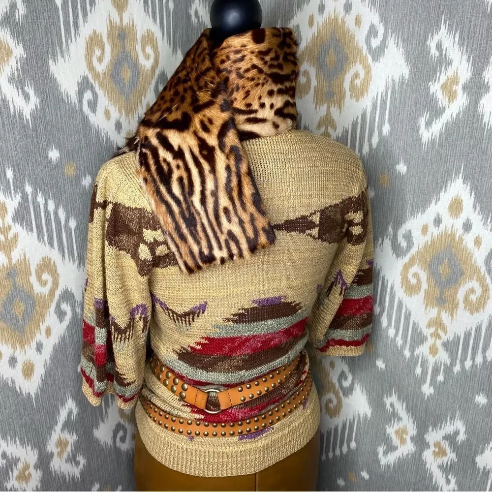 Ralph Lauren Tan Multi Southwest Aztec Hand-Knit Linen Silk V-Neck S/S Sweater - Picture 6 of 16